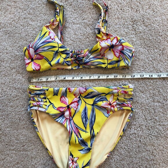 Women's Yellow Blue Floral Adjustabel Padded Top High Waisted Cheeky Bikini - Picture 13 of 14